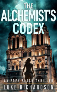 The Alchemist’s Codex by Luke Richardson, book cover showing Eden Black in front of Notre-Dame de Paris at night