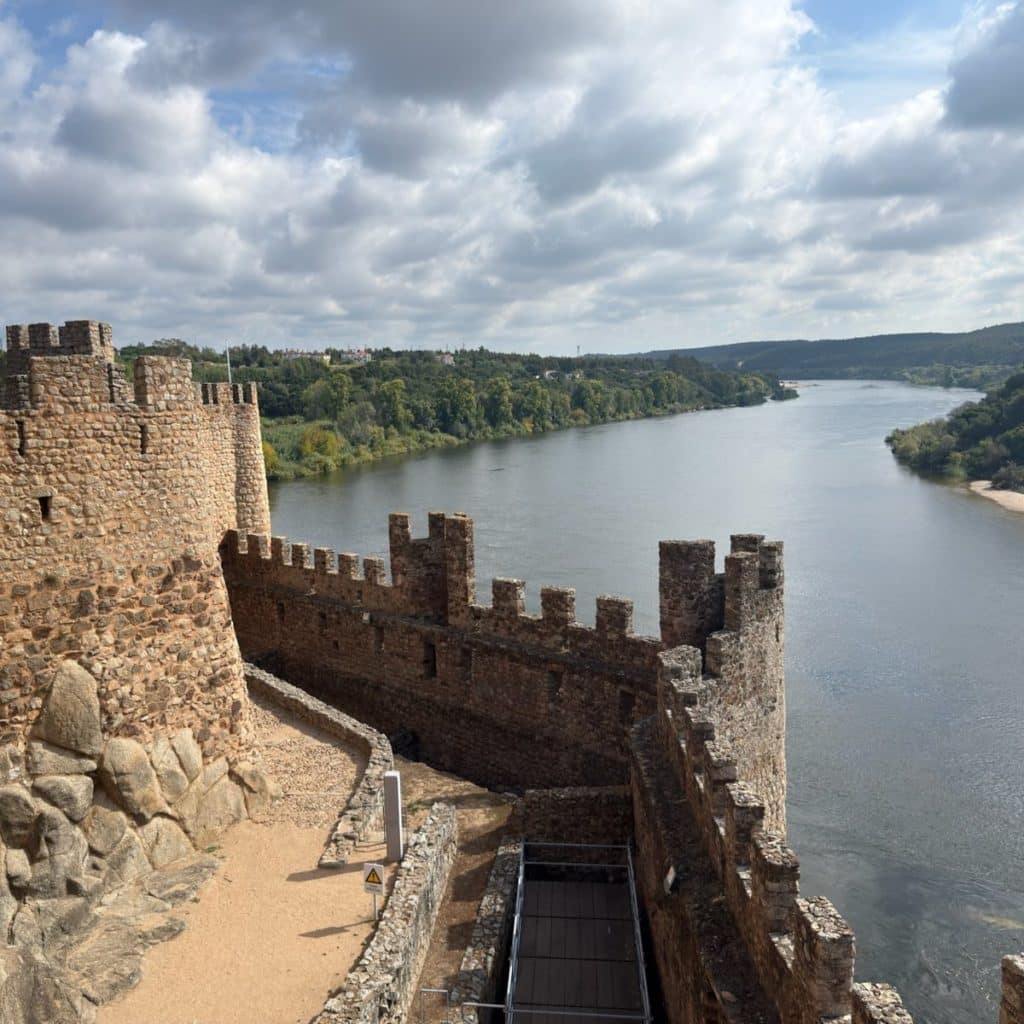 Crenellated walls of Almourol Castle above the River Tagus, Portugal