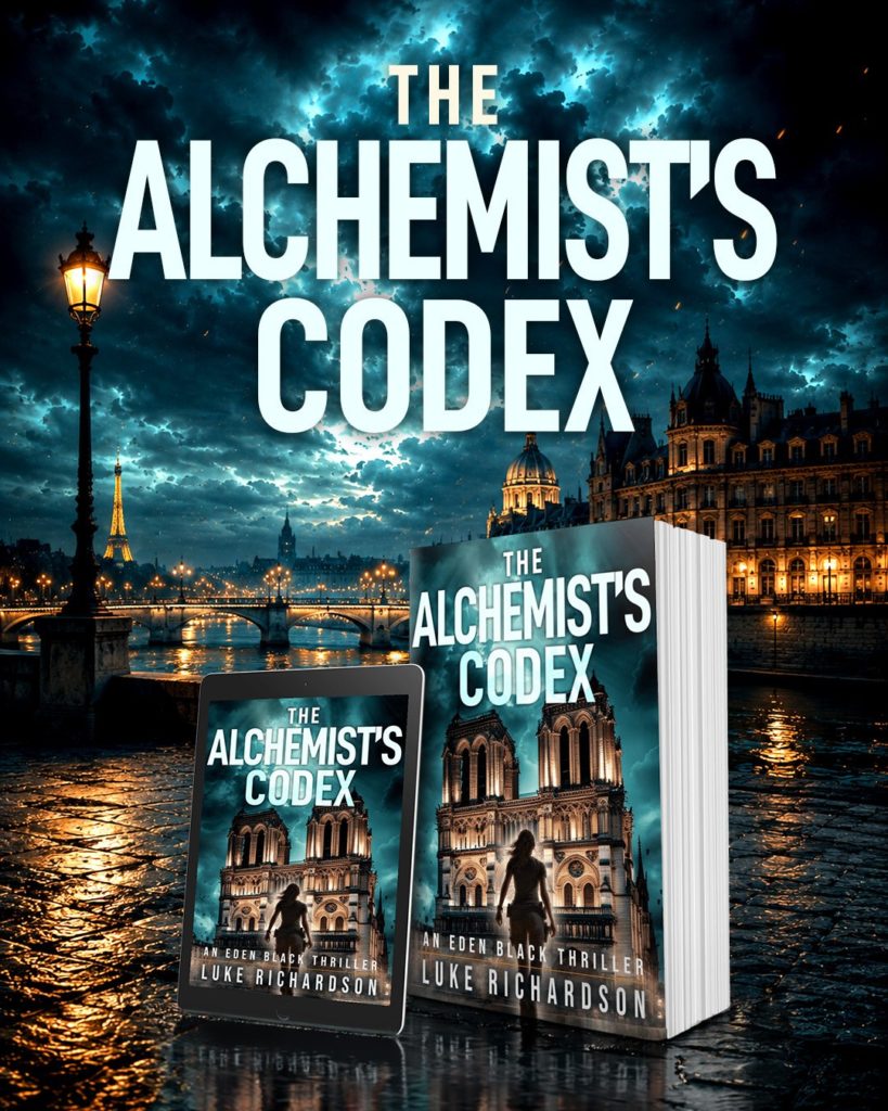 The Alchemist's Codex by Luke Richardson in paperback and ebook beside the Seine in Paris at night